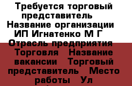 Требуется торговый представитель   › Название организации ­ ИП Игнатенко М.Г. › Отрасль предприятия ­ Торговля › Название вакансии ­ Торговый представитель › Место работы ­ Ул краснофлотская 12/2  - Амурская обл. Работа » Вакансии   . Амурская обл.